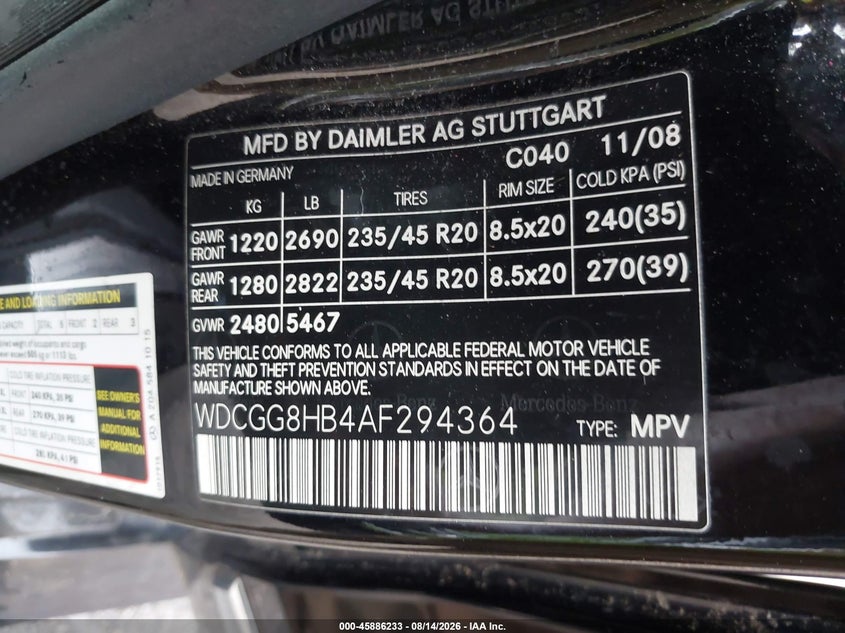2010 Mercedes-benz Glk-class VIN WDCGG8HB4AF294364 IAAI salvage auction — NORMAL WEAR, Clear (Maryland), sold $1,850 on 2026-08-19 (photo 9)
