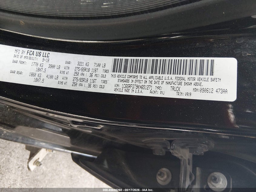 2019 Ram 1500 VIN 1C6SRFGT9KN651271 IAAI salvage auction — FRONT END, Salvage (Tennessee), sold $5,100 on 2026-09-11 (photo 9)