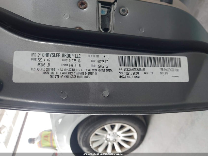2012 Chrysler 300 VIN 2C3CCAAG1CH138463 IAAI salvage auction — NORMAL WEAR, Clear (Florida), sold $775 on 2026-09-16 (photo 9)