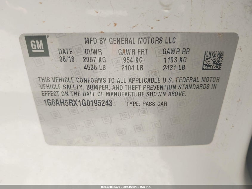 2016 Cadillac Ats VIN 1G6AH5RX1G0195243 IAAI salvage auction — NORMAL WEAR, Original (Texas), sold $2,225 on 2026-09-08 (photo 9)