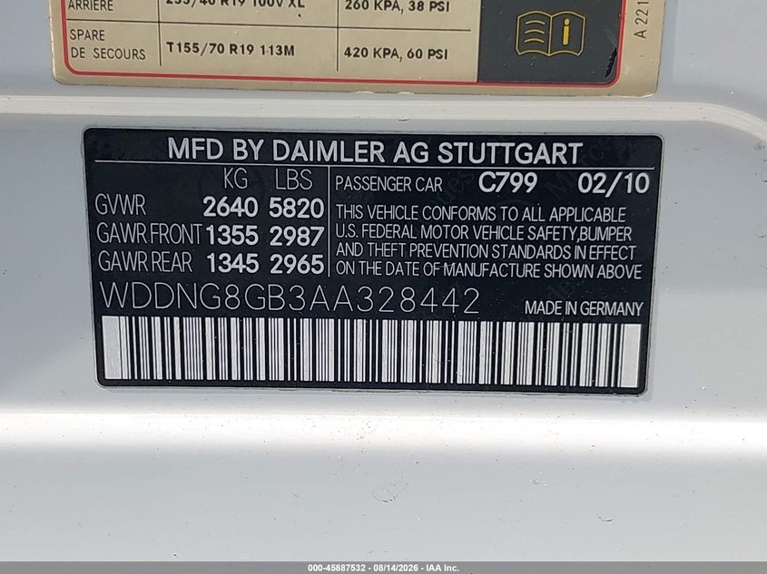 2010 Mercedes-benz S class VIN WDDNG8GB3AA328442 IAAI salvage auction — FRONT END, Clear (New York), sold $5,300 on 2026-08-17 (photo 9)