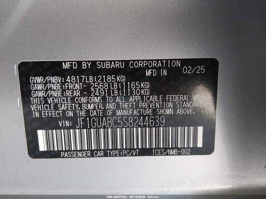 2025 Subaru Impreza VIN JF1GUABC5S8244639 IAAI salvage auction — SIDE, Wait Title, sold $3,850 on 2026-09-07 (photo 9)