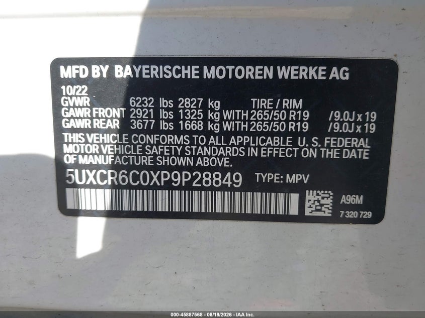 2023 BMW X5 VIN 5UXCR6C0XP9P28849 IAAI salvage auction — Unknown, Salvage (Pennsylvania), sold $25,750 on 2026-09-13 (photo 9)