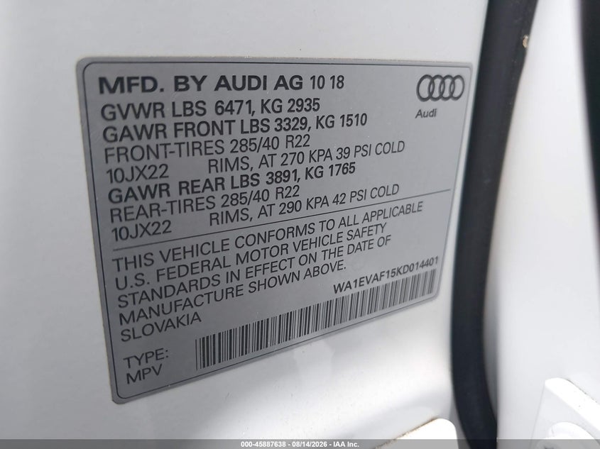 2019 Audi Q8 VIN WA1EVAF15KD014401 IAAI salvage auction — LEFT REAR, Wait Title, sold $11,700 on 2026-09-30 (photo 9)
