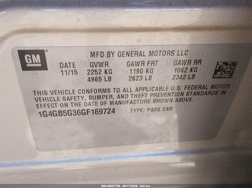 2016 Buick Lacrosse VIN 1G4GB5G36GF169724 IAAI salvage auction — FRONT END, Salvage Title, sold $925 on 2026-10-01 (photo 9)