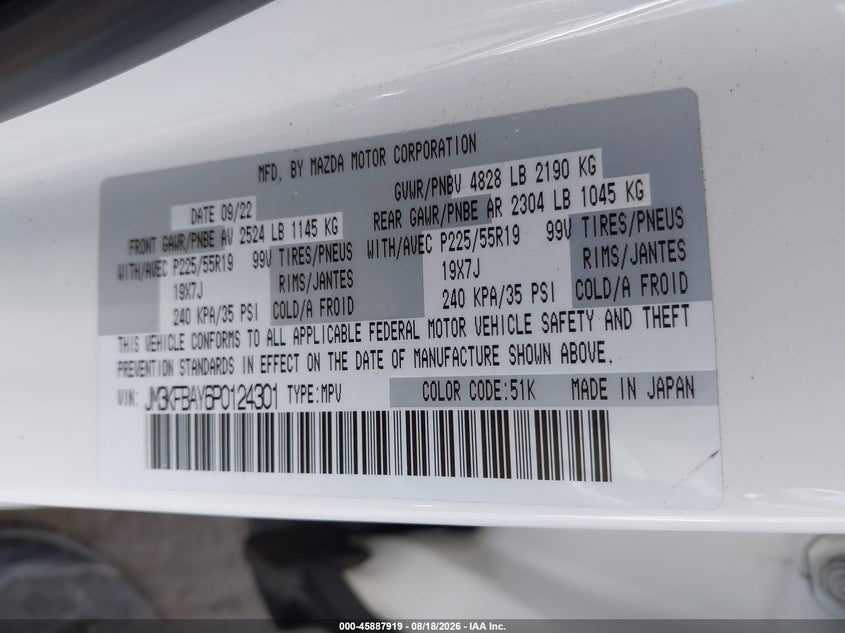 2023 Mazda Cx-5 VIN JM3KFBAY6P0124301 IAAI salvage auction — LEFT REAR, Salvage Certificate (California), sold $9,400 on 2026-09-18 (photo 9)