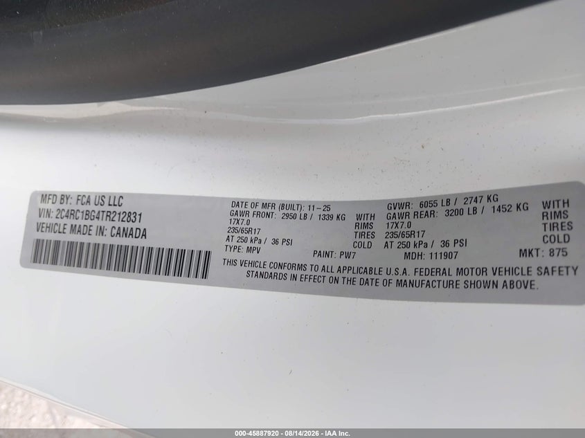 2026 Chrysler Pacifica VIN 2C4RC1BG4TR212831 IAAI salvage auction — LEFT SIDE, Enterprise Vehicles Clear Only (Minnesota), sold $17,900 on 2026-08-19 (photo 9)
