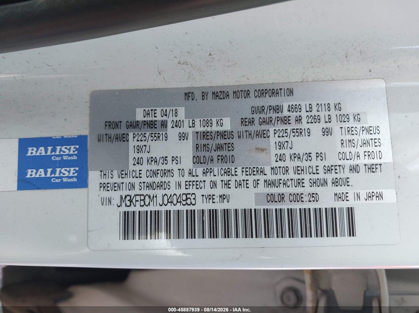 2018 Mazda Cx-5 VIN JM3KFBCM1J0404953 IAAI salvage auction — FRONT END, Salvage Title, sold $4,650 on 2026-09-27 (photo 9)