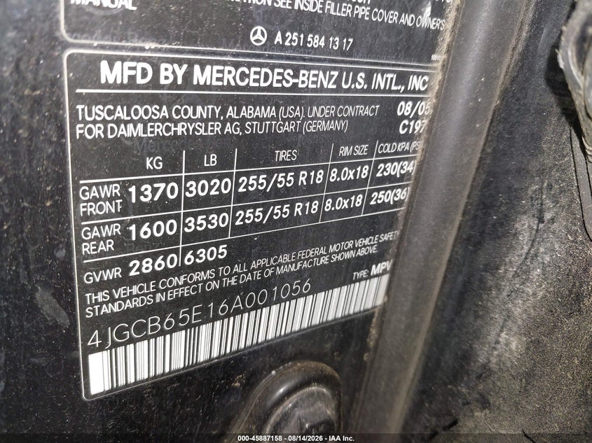 2006 Mercedes-benz R-class VIN 4JGCB65E16A001056 IAAI salvage auction — RIGHT FRONT, Clear (North Dakota), sold $1,600 on 2026-09-06 (photo 9)