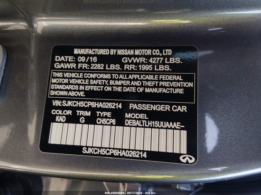 2017 Infiniti Qx30 VIN SJKCH5CP6HA026214 IAAI salvage auction — RIGHT SIDE, Salvage (Nevada), sold $3,200 on 2026-09-06 (photo 9)