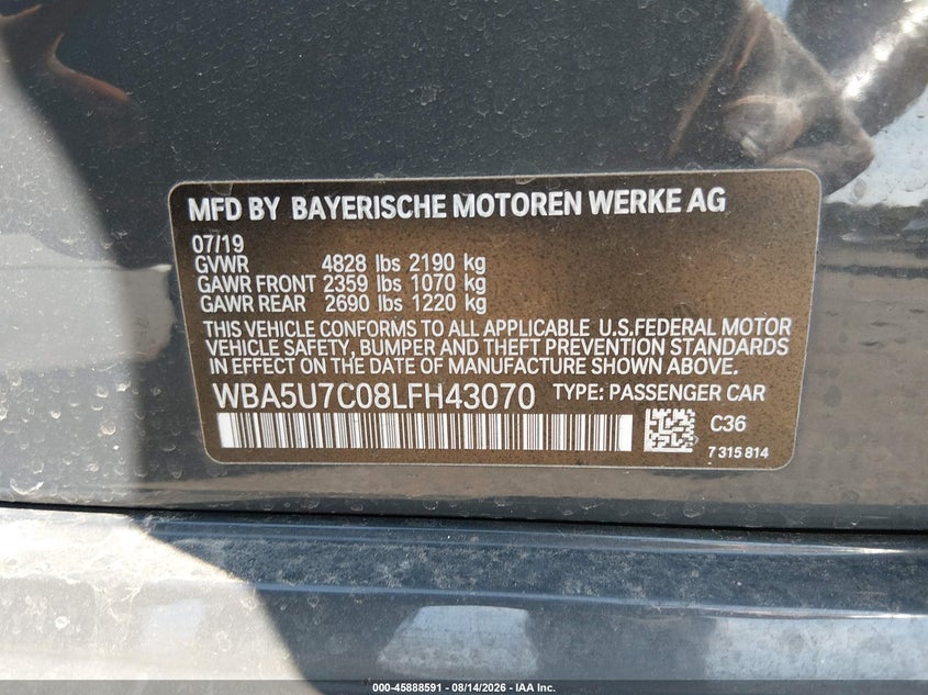 2020 BMW 3er VIN WBA5U7C08LFH43070 IAAI salvage auction — REAR END, Salvage Title, sold $10,700 on 2026-10-16 (photo 9)