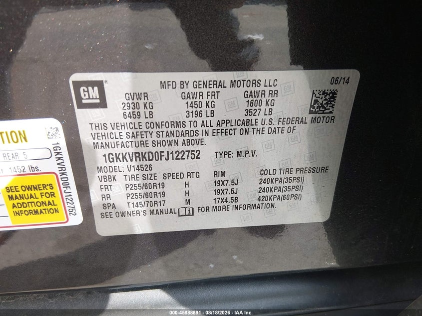 2015 Gmc Acadia VIN 1GKKVRKD0FJ122752 IAAI salvage auction — SIDE, Wait Title, sold $425 on 2026-10-09 (photo 9)