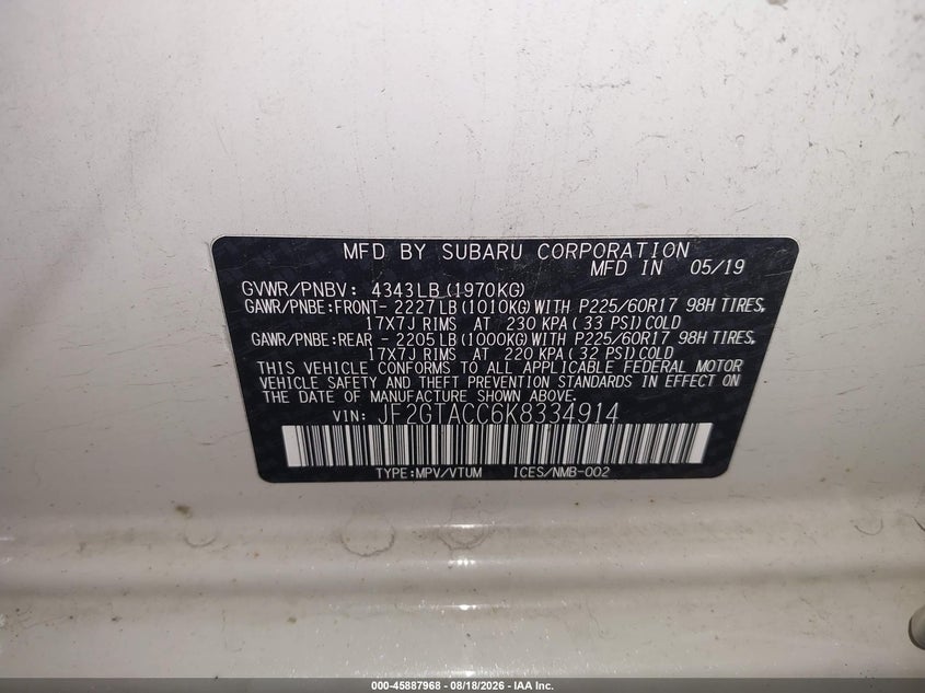 2019 Subaru Xv VIN JF2GTACC6K8334914 IAAI salvage auction — HAIL, Salvage (Pennsylvania), sold $7,900 on 2026-08-26 (photo 9)