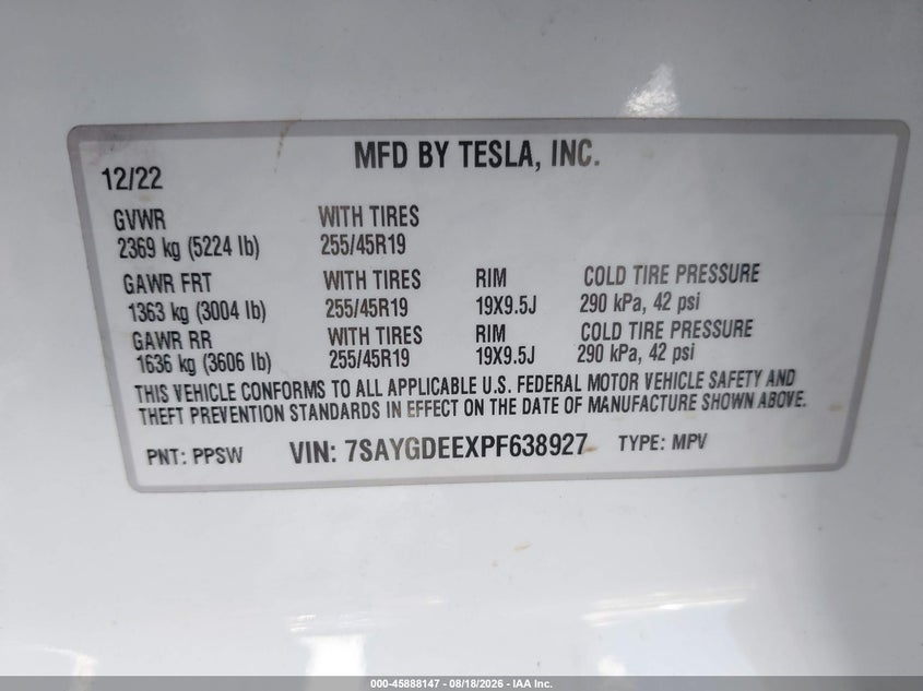 2023 Tesla Model y VIN 7SAYGDEEXPF638927 IAAI salvage auction — LEFT FRONT, Salvage (Arizona), sold $9,700 on 2026-08-30 (photo 9)