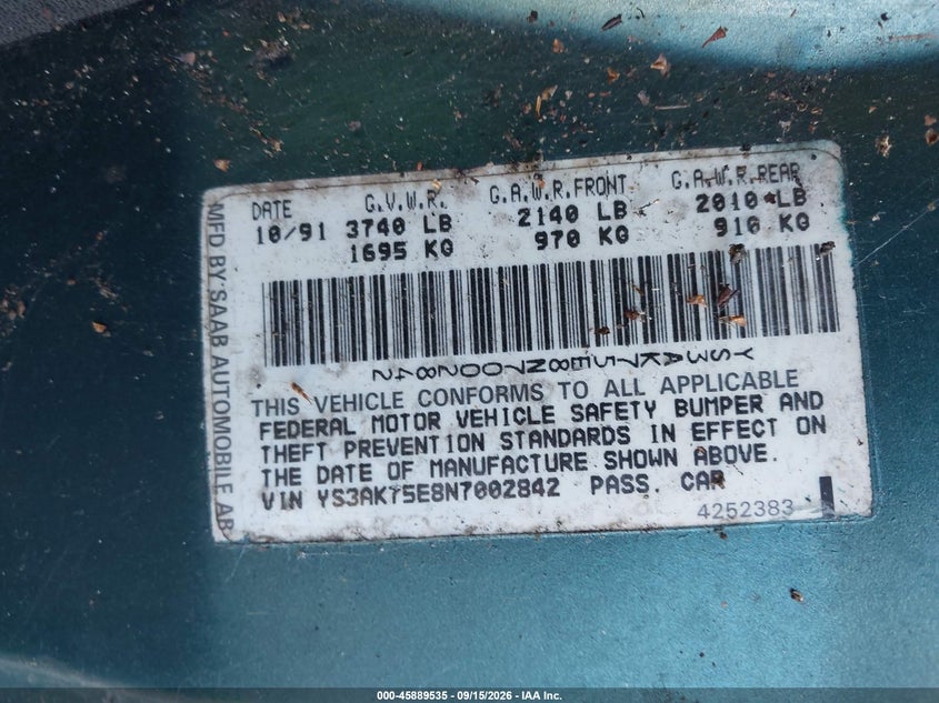 1992 Saab 900 VIN YS3AK75E8N7002842 IAAI salvage auction — NORMAL WEAR, Clear (Massachusetts), sold $400 on 2026-09-18 (photo 9)