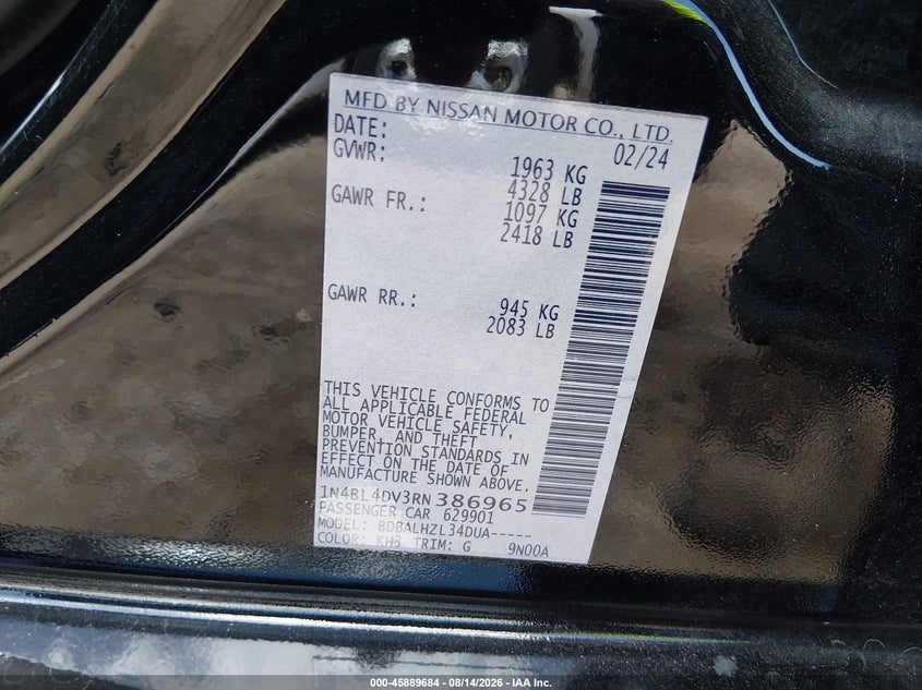2024 Nissan Altima VIN 1N4BL4DV3RN386965 IAAI salvage auction — HAIL, Enterprise Vehicles Clear Only (California), sold $12,800 on 2026-08-20 (photo 9)