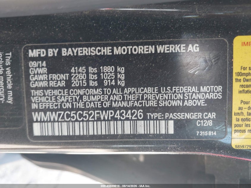 2015 Mini Countryman VIN WMWZC5C52FWP43426 IAAI salvage auction — NORMAL WEAR, Wait Title, sold $1,275 on 2026-09-13 (photo 9)