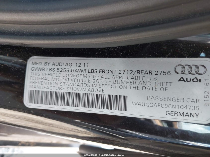 2012 Audi A6 VIN WAUGGAFC9CN104735 IAAI salvage auction — NORMAL WEAR, Clear (Virginia), sold $1,400 on 2026-08-30 (photo 9)