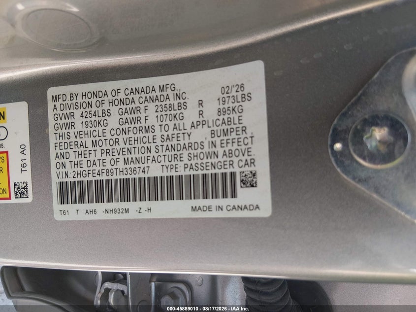 2026 Honda Civic VIN 2HGFE4F89TH336747 IAAI salvage auction — FRONT END, Enterprise Vehicles Clear Only (Oklahoma), sold $23,150 on 2026-08-24 (photo 9)
