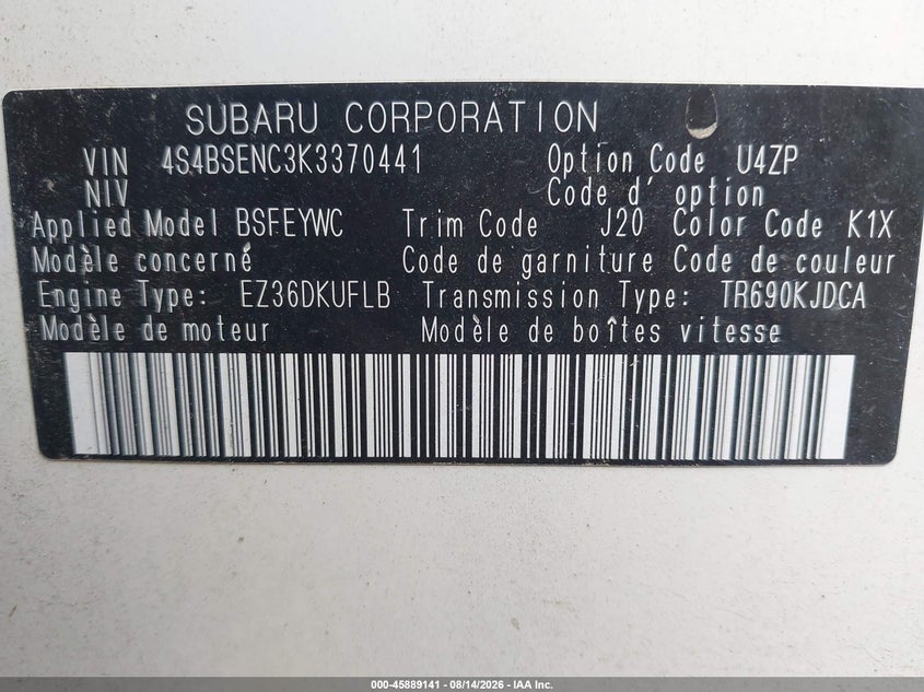 2019 Subaru Outback VIN 4S4BSENC3K3370441 IAAI salvage auction — LEFT FRONT, Salvage (Nebraska), sold $550 on 2026-09-10 (photo 9)