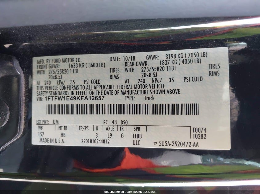 2019 Ford F-150 VIN 1FTFW1E49KFA12657 IAAI salvage auction — RIGHT FRONT, Salvage Certificate (California), sold $7,025 on 2026-09-04 (photo 9)
