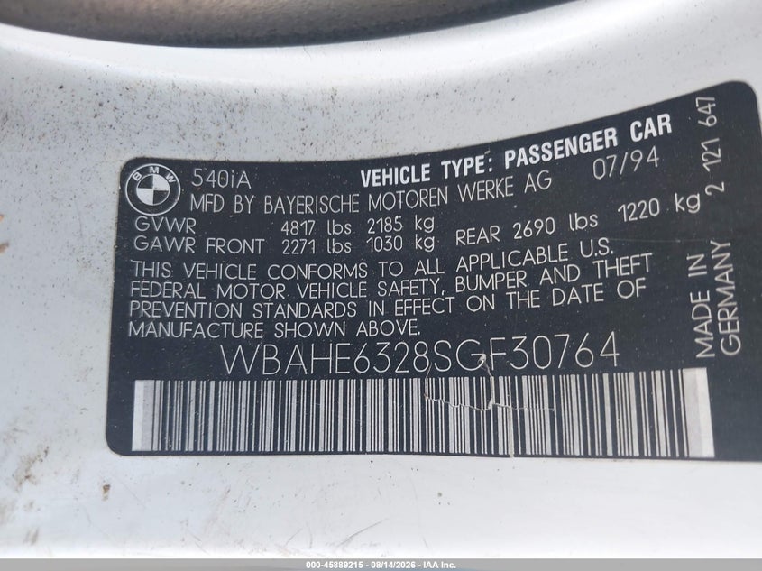 1995 BMW 5er VIN WBAHE6328SGF30764 IAAI salvage auction — NORMAL WEAR, Clear - Dealer Only (California), sold $10,250 on 2026-08-24 (photo 9)
