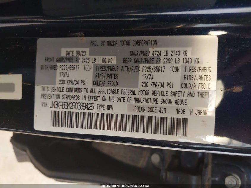 2024 Mazda Cx-5 VIN JM3KFBBM2R0389425 IAAI salvage auction — ALL OVER, Salvage Title, sold $1,700 on 2026-10-04 (photo 9)