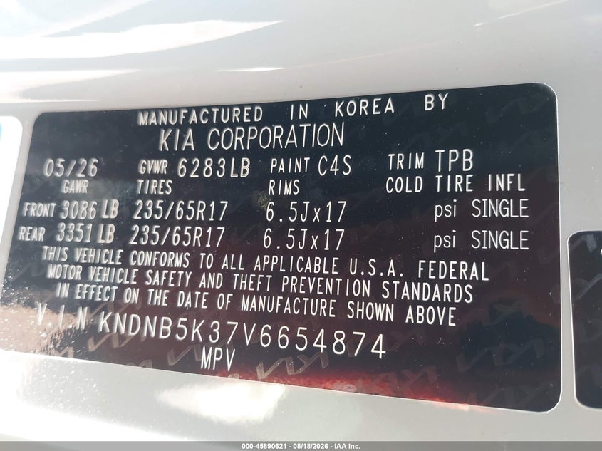 2027 Kia Carnival VIN KNDNB5K37V6654874 IAAI salvage auction — REAR END, Enterprise Vehicles Clear Only (Florida), sold $15,500 on 2026-08-22 (photo 9)