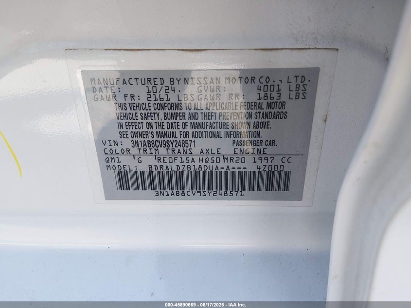2025 Nissan Sentra VIN 3N1AB8CV9SY248571 IAAI salvage auction — FRONT END, Enterprise Vehicles Clear Only (Texas), sold $9,975 on 2026-08-19 (photo 9)