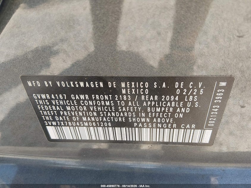 2025 Volkswagen Jetta VIN 3VW7X7BU4SM061206 IAAI salvage auction — FRONT END, Enterprise Vehicles Clear Only (Texas), sold $10,800 on 2026-09-02 (photo 9)