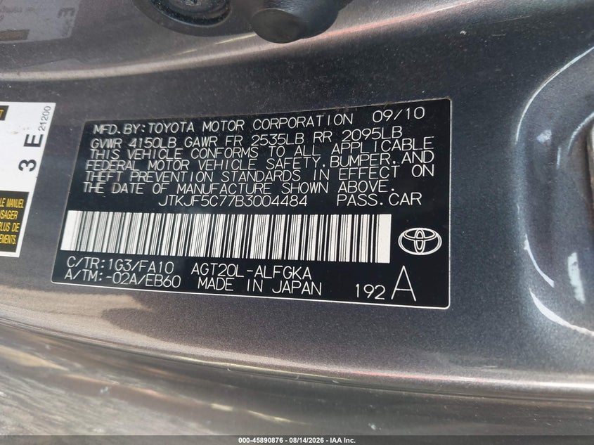2011 Scion Tc VIN JTKJF5C77B3004484 IAAI salvage auction — NORMAL WEAR, Clear (New Jersey), sold $1,275 on 2026-09-09 (photo 9)