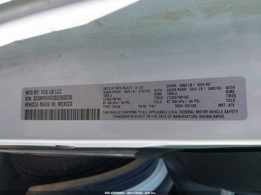 2025 Ram Promaster city VIN 3C6MRVHG0SE550239 IAAI salvage auction — FRONT END, Enterprise Vehicles Clear Only (Alabama), sold $14,975 on 2026-08-26 (photo 9)