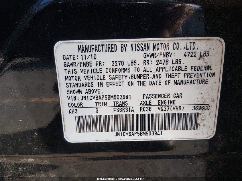 2011 Infiniti G37 VIN JN1CV6AP5BM503941 IAAI salvage auction — REAR END, Salvage (Pennsylvania), sold $1,650 on 2026-09-05 (photo 9)