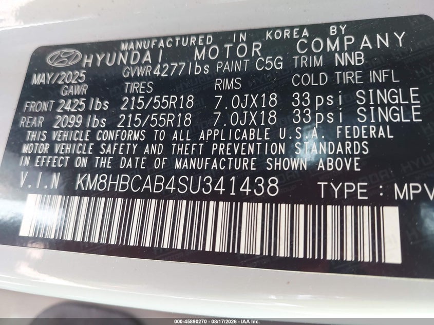 2025 Hyundai Kona VIN KM8HBCAB4SU341438 IAAI salvage auction — RIGHT REAR, Enterprise Vehicles Clear Only (Massachusetts), sold $14,800 on 2026-08-19 (photo 9)