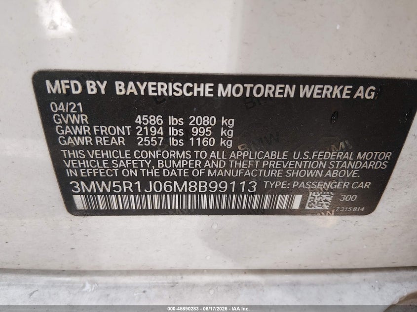 2021 BMW 3er VIN 3MW5R1J06M8B99113 IAAI salvage auction — UNKNOWN, Clear (Virginia), sold $10,100 on 2026-08-23 (photo 9)