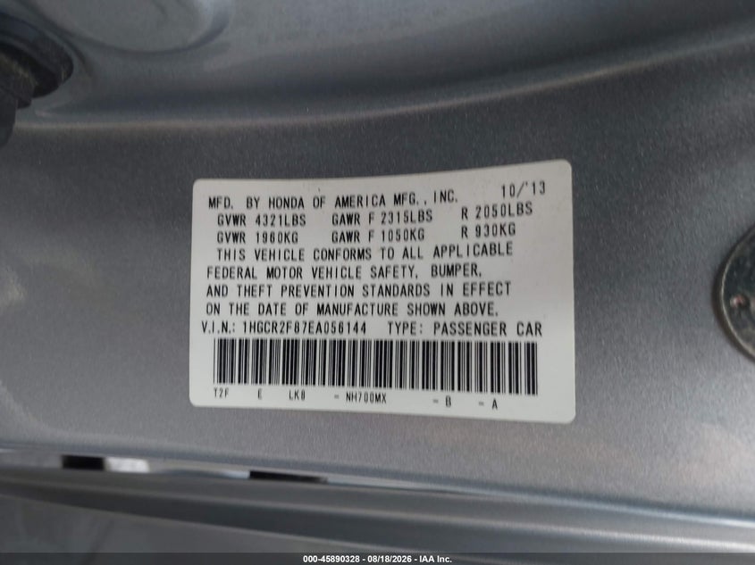 2014 Honda Accord VIN 1HGCR2F87EA056144 IAAI salvage auction — LEFT FRONT, Salvage Certificate (California), sold $1,850 on 2026-08-31 (photo 9)