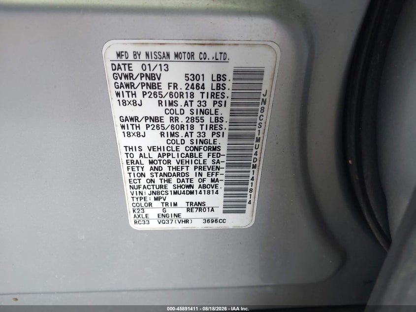 2013 Infiniti Fx VIN JN8CS1MU4DM141814 IAAI salvage auction — FRONT END, Rebuildable (Florida), sold $775 on 2026-08-23 (photo 9)
