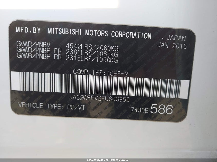 2015 Mitsubishi Lancer evolution VIN JA32W8FV2FU603959 IAAI salvage auction — FRONT END, Bill Of Sale (Washington), sold $9,700 on 2026-09-03 (photo 9)