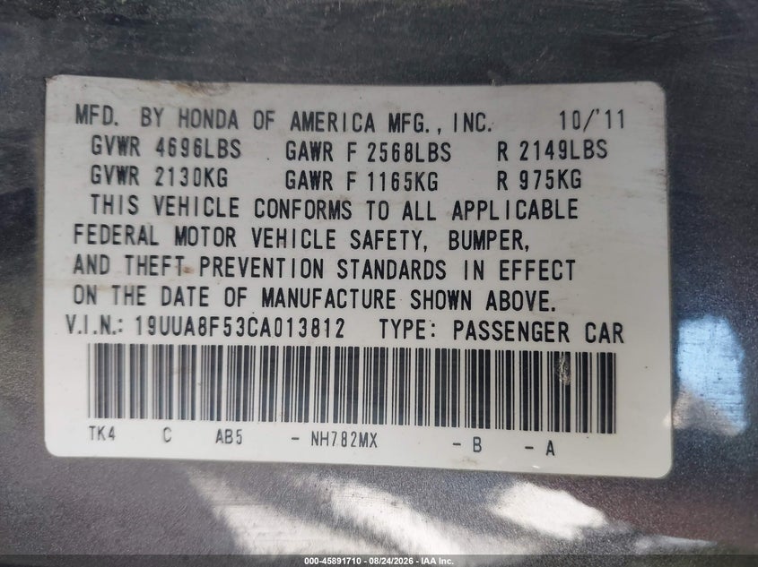 2012 Acura Tl VIN 19UUA8F53CA013812 IAAI salvage auction — FRONT END, Bill Of Sale (Washington), sold $825 on 2026-08-29 (photo 9)