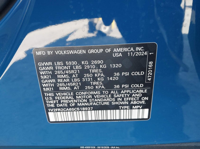 2025 Volkswagen Atlas VIN 1V2FR2CA6SC518937 IAAI salvage auction — SIDE, Salvage Title, sold $14,150 on 2026-09-24 (photo 9)
