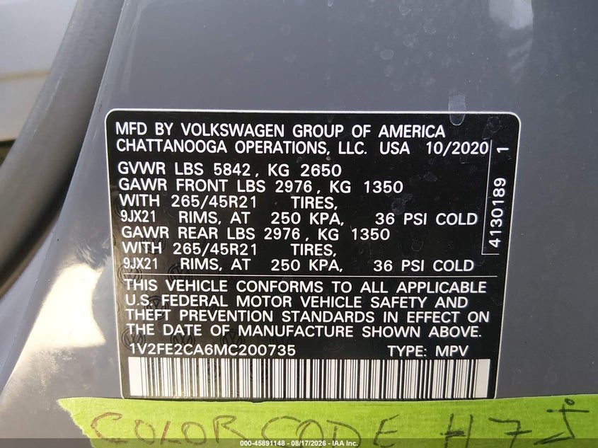 2021 Volkswagen Atlas cross sport VIN 1V2FE2CA6MC200735 IAAI salvage auction — FRONT END, Salvage (California), sold $7,400 on 2026-08-29 (photo 9)