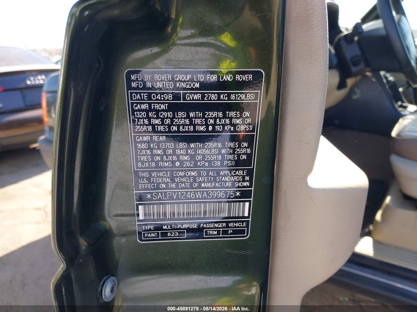 1998 Land rover RANGE ROVER VIN SALPV1246WA399675 IAAI salvage auction — THEFT, Salvage (California), sold $925 on 2026-09-02 (photo 9)