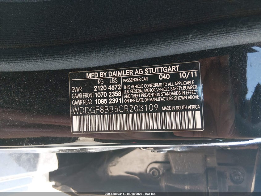 2012 Mercedes-benz C class VIN WDDGF8BB5CR203109 IAAI salvage auction — NORMAL WEAR, Clear (Pennsylvania), sold $1,850 on 2026-08-19 (photo 9)