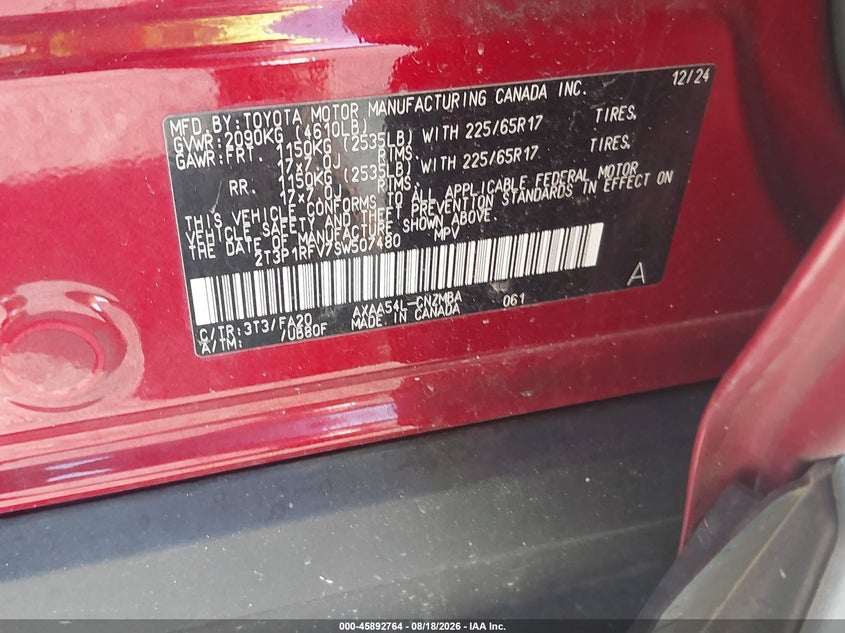 2025 Toyota Rav4 VIN 2T3P1RFV7SW507480 IAAI salvage auction — RIGHT SIDE, Enterprise Vehicles Clear Only (Tennessee), sold $17,800 on 2026-08-27 (photo 9)