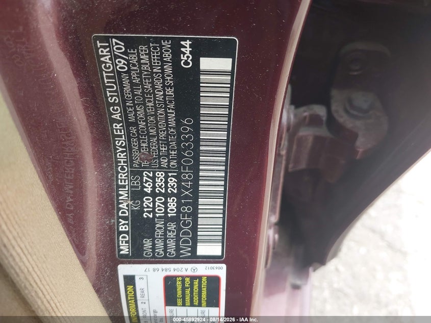 2008 Mercedes-benz C-klasse VIN WDDGF81X48F063396 IAAI salvage auction — NORMAL WEAR, Clear (Pennsylvania), sold $225 on 2026-08-21 (photo 9)