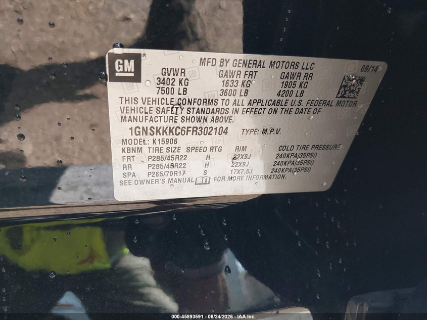 2015 Chevrolet Suburban VIN 1GNSKKKC6FR302104 IAAI salvage auction — FRONT END, Salvage (Virginia), sold $8,000 on 2026-08-30 (photo 9)