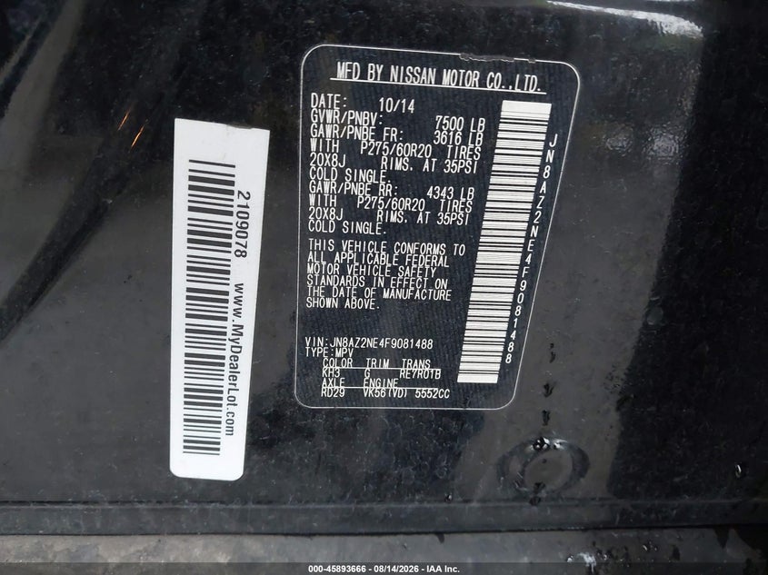 2015 Infiniti Qx80 VIN JN8AZ2NE4F9081488 IAAI salvage auction — NORMAL WEAR, Clear (Florida), sold $2,850 on 2026-09-08 (photo 9)
