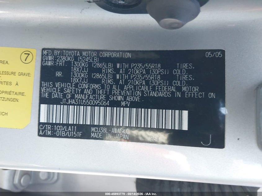 2005 Lexus Rx VIN JTJHA31U550095064 IAAI salvage auction — NORMAL WEAR, Clear - Dealer Only (California), sold $200 on 2026-08-22 (photo 9)