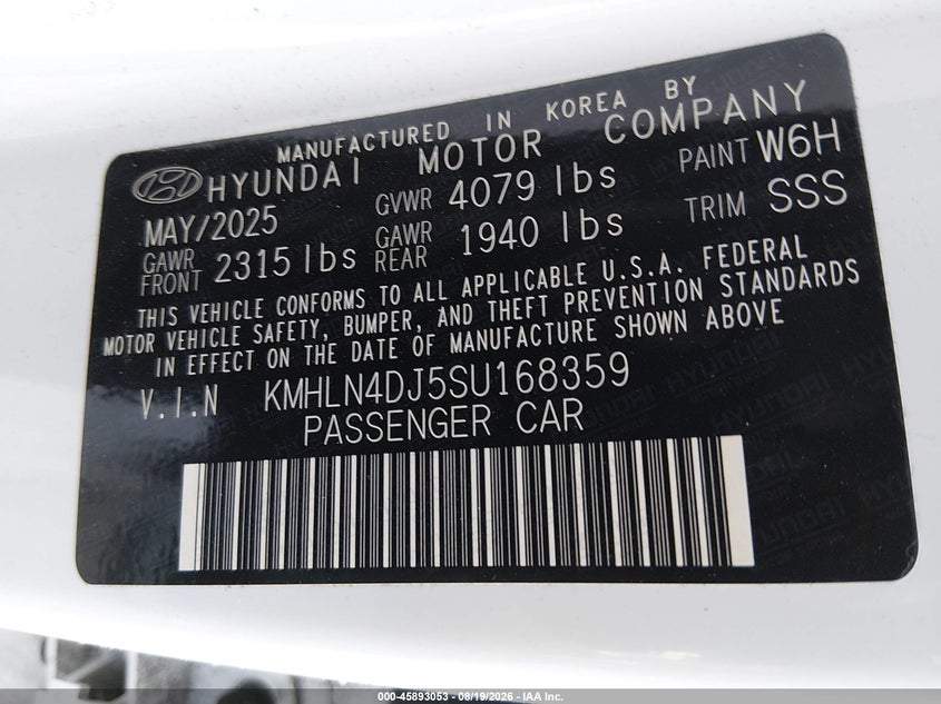 2025 Hyundai Elantra VIN KMHLN4DJ5SU168359 IAAI salvage auction — NORMAL WEAR, Salvage Title, sold $9,200 on 2026-08-22 (photo 9)