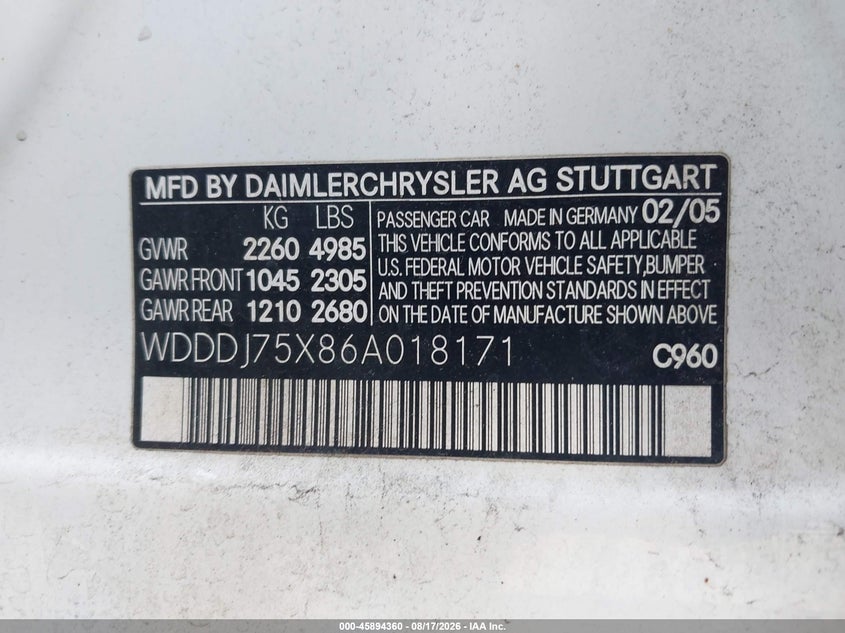 2006 Mercedes-benz Cls-klasse VIN WDDDJ75X86A018171 IAAI salvage auction — NORMAL WEAR, Clear (Florida), sold $475 on 2026-08-19 (photo 9)
